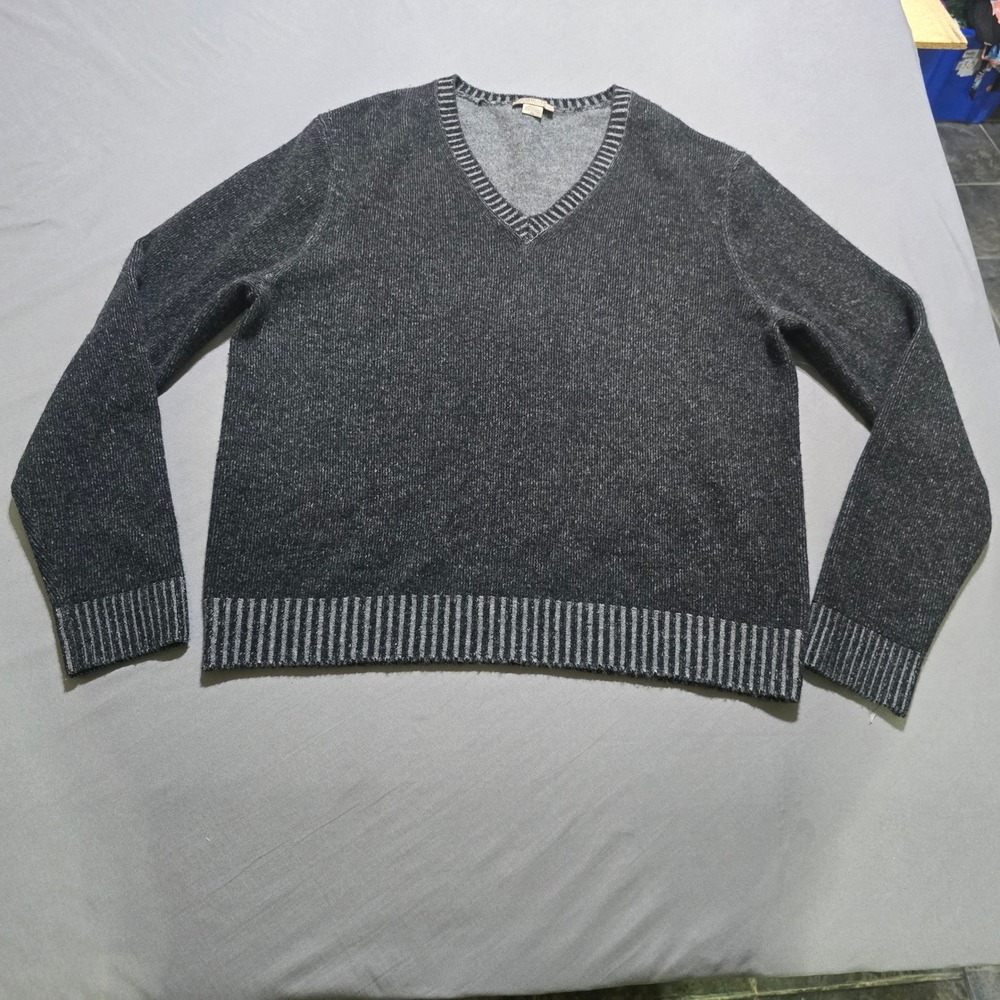 Amicale V-Neck Sweater Mens XL Charcoal Grey Wool Cashmere Striped Trim Luxury